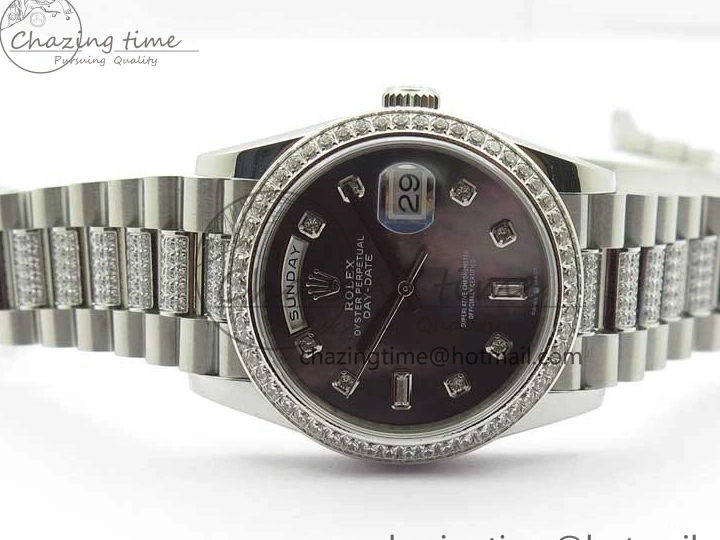 MiroTime 0309 SmoothTexture Day-Date 36mm 128239 SS Crystal BP Best Edition Black MOP Crystal Marker Dial on SS President Bracelet A 2681